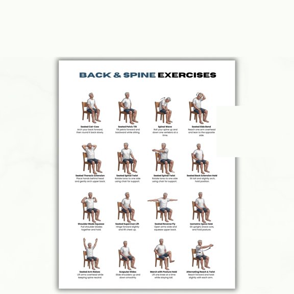 Poster Of Sit Back And Spine Exercise Chart, Chair Exercise, Elderly Exercise Poster, Back Pain Relief, Dietary Plan Poster