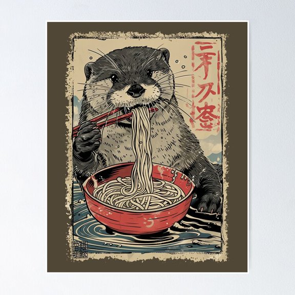 Poster Otter Eating Ramen - Vintage Paint - No Framed, Vintage Wall Art, Trendy Retro Print, Positive Quote Poster, Room Decor, Wall Art, 12x18