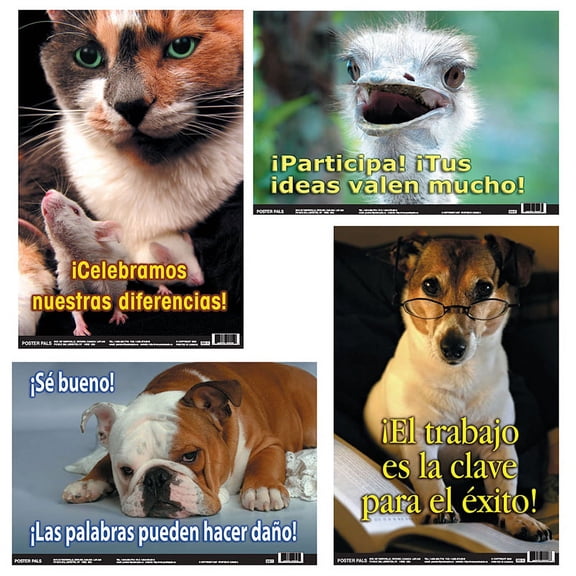 Poster Pals Spanish Educational and Language Teaching Fun Photo Posters,Bilingual Charts, Classroom Decorations, 4 Poster Set