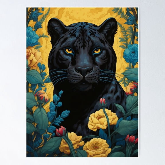 Poster Panther & Floral Silk Art Graphic - No Framed, Vintage Wall Art, Trendy Retro Print, Positive Quote Poster, Room Decor, Wall Art, Poster Only