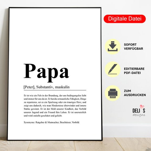 Poster Papa Definition izable Father, Parents, Father's Day Love, DIY PDF, immediately available, A147, Unframed Paper Poster 8x10in