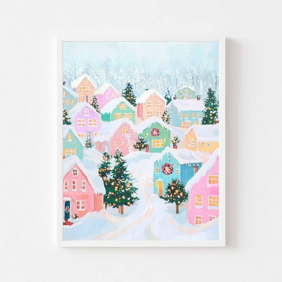 Kna Prints - Pastel Village Painting Pink Winter Landscape Wall Art Print Kid'S Room Snowy Town Girly Holiday, UNFRAMED-8x12