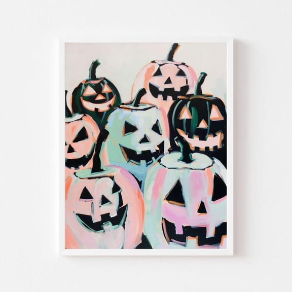 Kna Prints - Pastel Jack O Lantern Painting Spooky Cute Pumpkins Wall Art Print Pink Colorful Fall Girl'S Room Wall Art Decor For Home Office, UNFRAMED-8x12