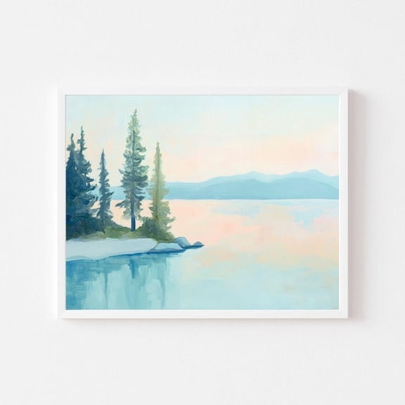 Kna Prints - Pastel Lake Tahoe Painting Colorful Forest Landscape Wall Art Print Mountain River Trees Nature Scenery, UNFRAMED-24x36