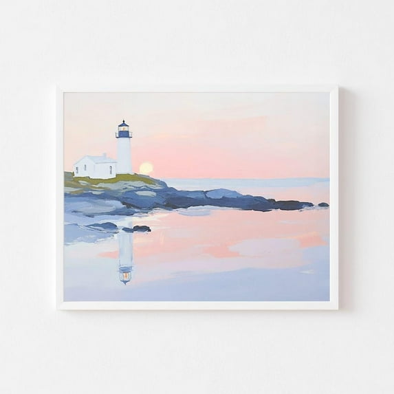 Poster Pastel Lighthouse Landscape Painting | Coastal Summer Sunset Wall Art Print | Beach House Digital Download | Preppy Girly Maine Printable - No Framed, Vintage Wall Art, Hot Trend!, 8x12