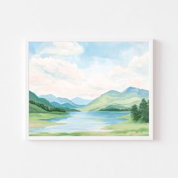 Kna Prints - Pastel Mountain Lake Painting Colorful Ireland Landscape Wall Art Print Country River Scottish Highlands Wall Art Decor For Home Office, UNFRAMED-24x36