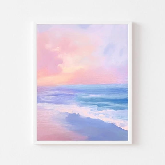 Kna Prints - Pastel Ocean Sunset Painting Pink Coastal Seascape Girly Beach House Wall Art Print Kid'S Room Summer Shore Wall Art Decor For Home Office, UNFRAMED-24x36