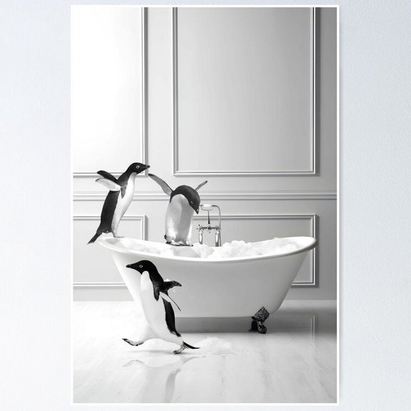 Poster Penguin In A Bathtub - No Framed, Vintage Wall Art, Trendy Retro Print, Positive Quote Poster, Room Decor, Wall Art, 12x18