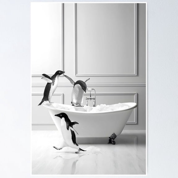 Poster Penguin In A Bathtub - No Framed, Vintage Wall Art, Trendy Retro Print, Positive Quote Poster, Room Decor, Wall Art, 8x12