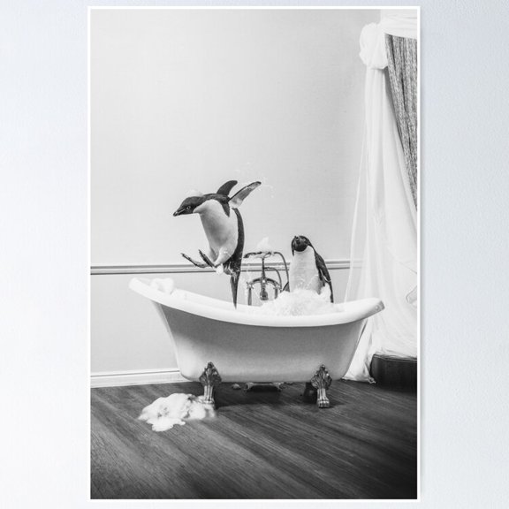 Poster Penguin Taking A Bath - No Framed, Vintage Wall Art, Trendy Retro Print, Positive Quote Poster, Room Decor, Wall Art, 12x18
