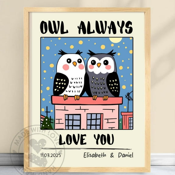 Poster Personalized Owl Couple Print €“ Custom Retro Art, Unique Anniversary Or Engagement Gift, Whimsical Wall Decor, Cute Home Art #Owlyou - No Framed, Vintage Wall Art, Hot Trend!, 8x12