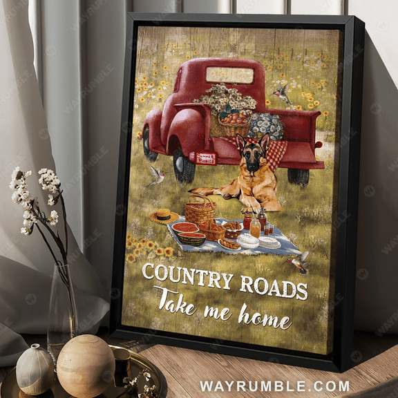 Poster Picnic poster, German shepherd dog, Red ladybug car, Country roads take me home - Jesus Portrait Poster Prints, Christian Wall Art WINXIE DECOR - 12X18, UNFRAMED