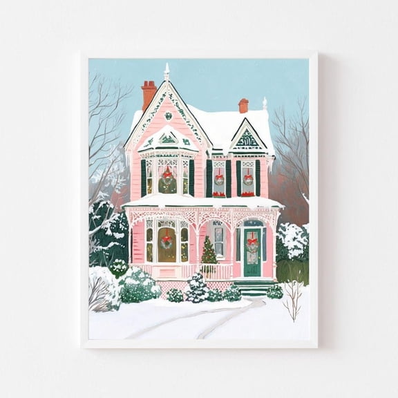 Kna Prints - 1 Pc Poster Pink Victorian House Painting Pastel Winter Home Art Print Snowy Vintage Portrait Holiday Town Wall Art, UNFRAMED-8x12