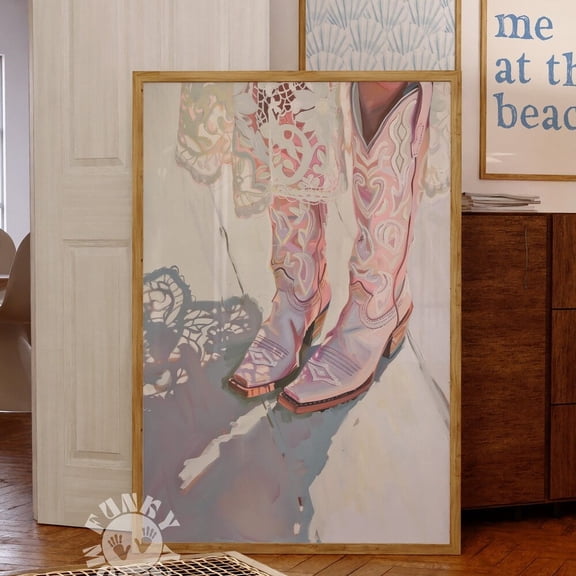 Poster Pink Cowgirl Boots Wall Art Print Retro Western Able Art Coquette Aesthetic Room Decor Girly Coastal Cowgirl Lace Print