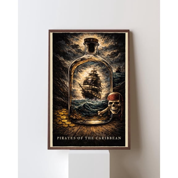 Poster Pirates Of The Caribbean Movie Poster, Dark Nautical Fantasy Art, Woodcut Style Print, Pirate Ship Engraving, Vintage Sea Wall Deco 8X12, UNFRAMED