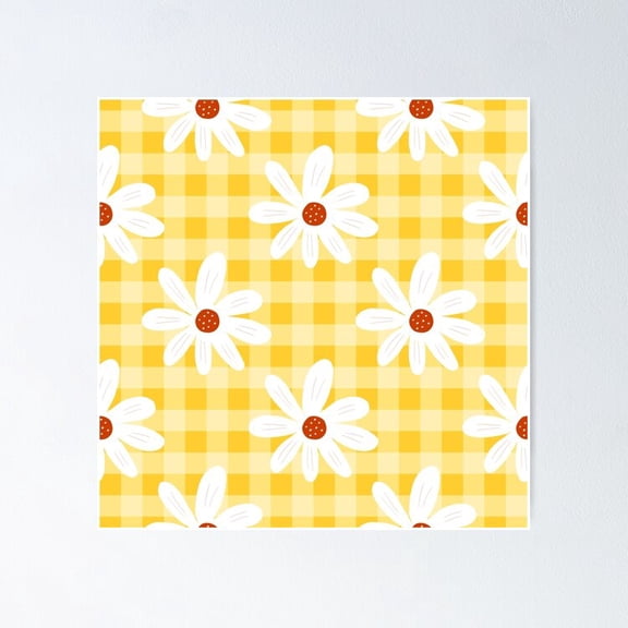 Poster Pretty Daisy Gingham Design - Yellow And White Sunny Summer Cottagecore - No Framed, Vintage Wall Art, Trendy Retro Print, Positive Quote Poster, Room Decor, Wall Art, 8x12