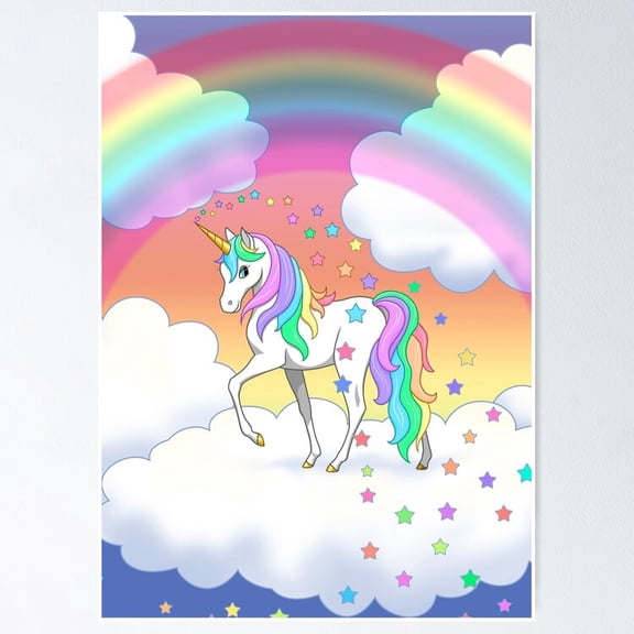 Poster Pretty Rainbow Unicorn Clouds Colorful Falling Stars - No Framed, Vintage Wall Art, Trendy Retro Print, Positive Quote Poster, Room Decor, Wall Art, 12x18