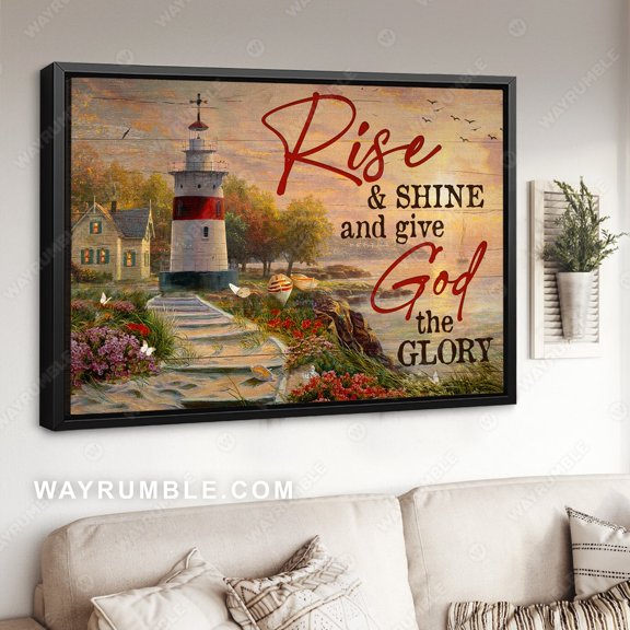 Poster Pretty sunset, Vintage lighthouse, Rise and shine and give God the glory - Jesus Poster Prints, Christian Wall Art WINXIE DECOR - 8X12, UNFRAMED