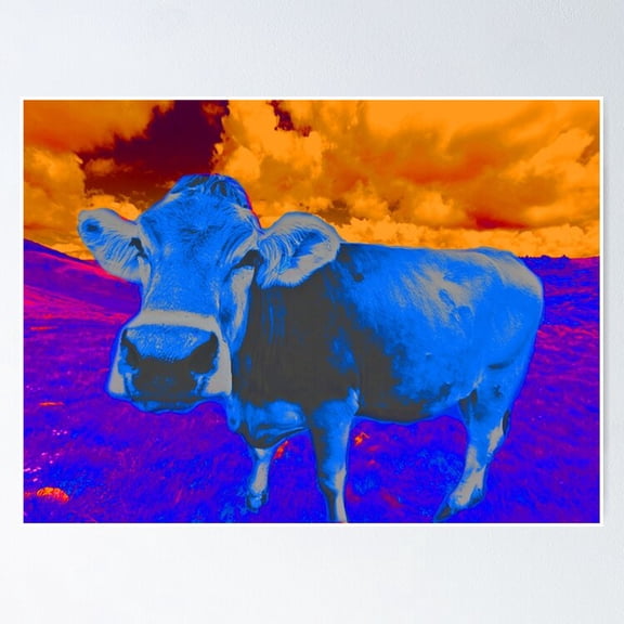 Poster Psychedelic Cow - No Framed, Vintage Wall Art, Trendy Retro Print, Positive Quote Poster, Room Decor, Wall Art, 8x12
