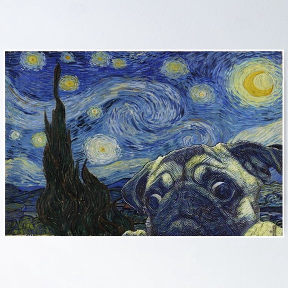 Poster Pug Dog Night - Pug Dog Lovers - Graphics Pug Dog Gift - No Framed, Vintage Wall Art, Trendy Retro Print, Positive Quote Poster, Room Decor, Wall Art, 8x12