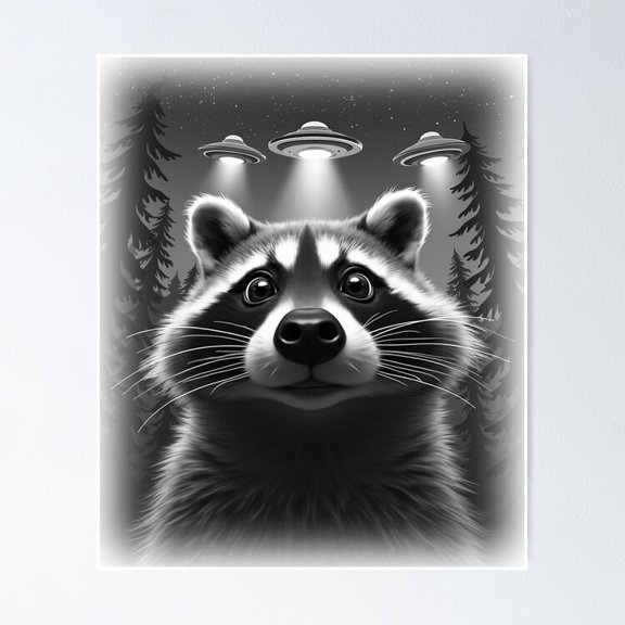 Poster Racoon Ufo Animal Selfie: A Fun And Hilarious Pattern Featuring Animals Taking Selfies With Aliens During An Unexpected Encounter. - No Framed, Room Decor, 8x12