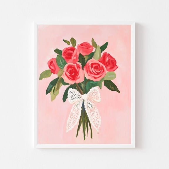 Kna Prints - Red Rose Bouquet With Lace Bow Painting Valentine'S Day Wall Art Print Girl'S Room Flower Pink Floral, UNFRAMED-12x18