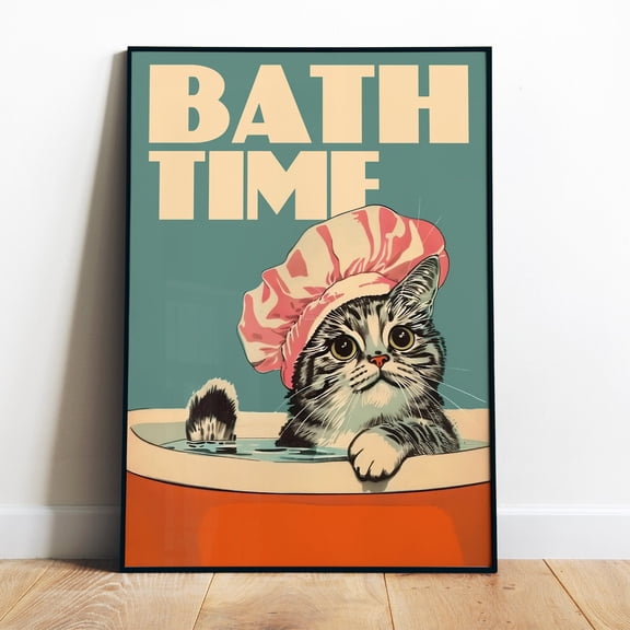 Poster Retro Bath Time Poster Printable Cat Bathroom Wall Art Quirky Vintage Art Print Kitty Funny Toilet Art Print Digital Bathtime Art Bath Print - No Framed, Vintage Wall Art, Hot Trend!, 8x12