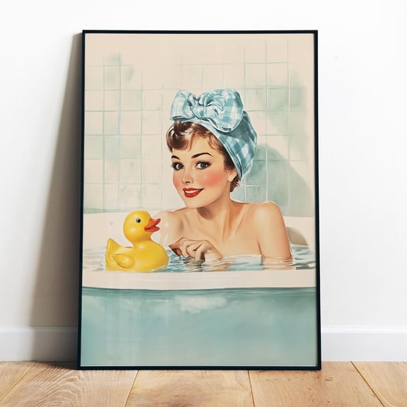 Poster Retro Bathroom Wall Art Printable Bath Time Art Yellow Rubber Duck Art Fun Housewife Art 50S 60S Shower Room Wall Print Blue Toilet Art - No Framed, Vintage Wall Art, Hot Trend!, 24x36