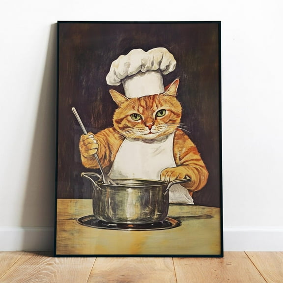 Poster Retro Cat Chef Wall Art Printable Funny Kitchen Art Tabby Cat Chef Hat Print Ginger Cat Print Chef Art Print Kitchen Nook Decor - No Framed, Vintage Wall Art, Hot Trend!, Poster Only