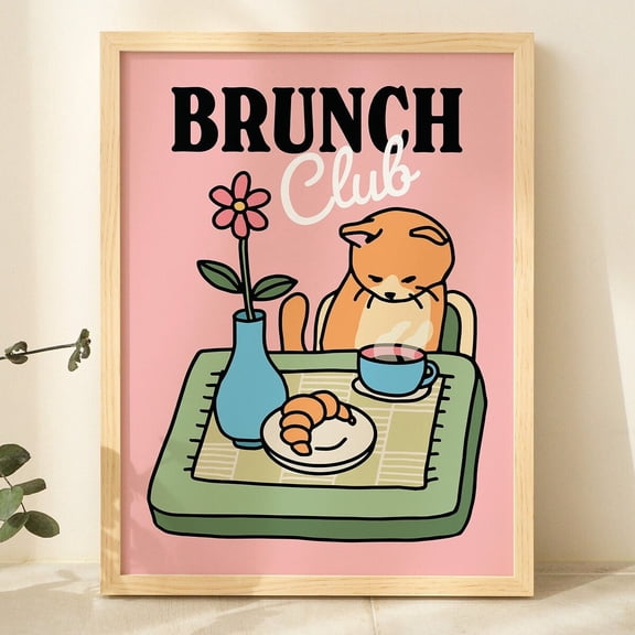Poster Retro Cat Kitchen Print Brunch Club Cafe Poster Pink Cats Illustration Cute Dining Room Prints Pastel Cat Posters Dorm Decor Vintage Wall Arthot Trend! , Poster Print Only