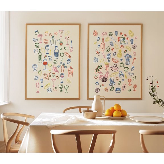 Poster Retro Dinner Table Set Print Food and Drinks Illustration Posters Trendy Maximalist Kitchen Prints Fun Apartment Decor Set 2