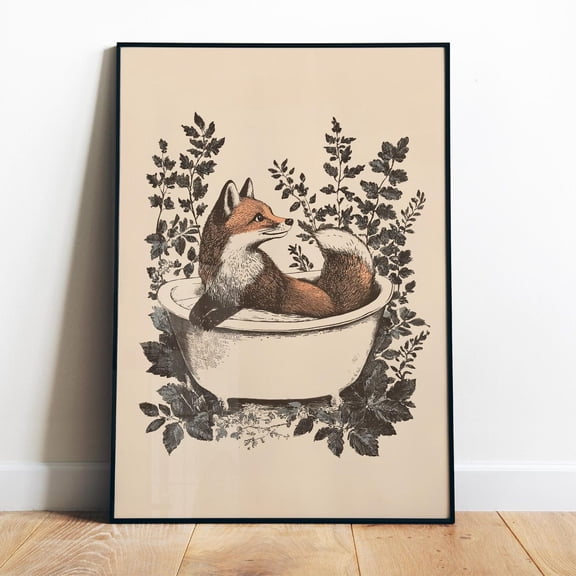 Poster Retro Fox In A Bathtub Print Kid'S Bathroom Wall Art Printable Shower Room Whimsical Art Animal In A Tub Adorable Fox Art Whimsy Fox Decor - No Framed, Vintage Wall Art, Hot Trend!, 8x12