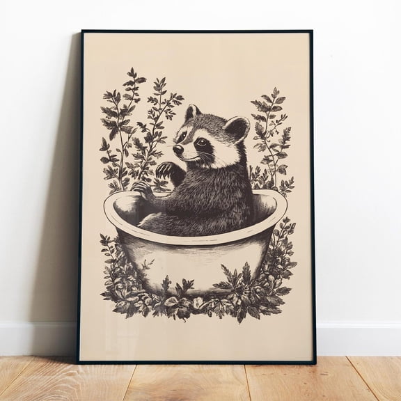 Poster Retro Raccoon In A Bathtub Print Kid'S Bathroom Wall Art Printable Vintage Racoon Wall Art Neutral Shower Room Whimsical Art Animal In A Tub - No Framed, Vintage Wall Art, Hot Trend!, 8x12
