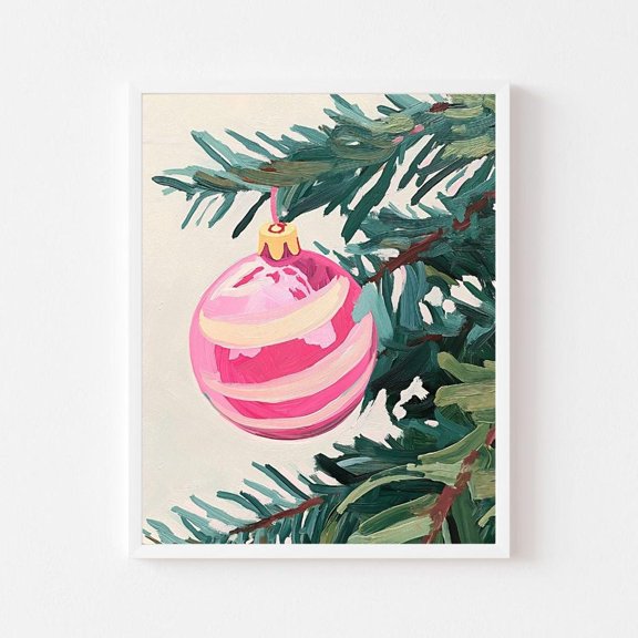 Kna Prints - Retro Striped Ornament Painting Pink Wall Art Print Pastel Holiday Gift Vintage Festive Tree Wall Art Decor For Home Office, UNFRAMED-24x36