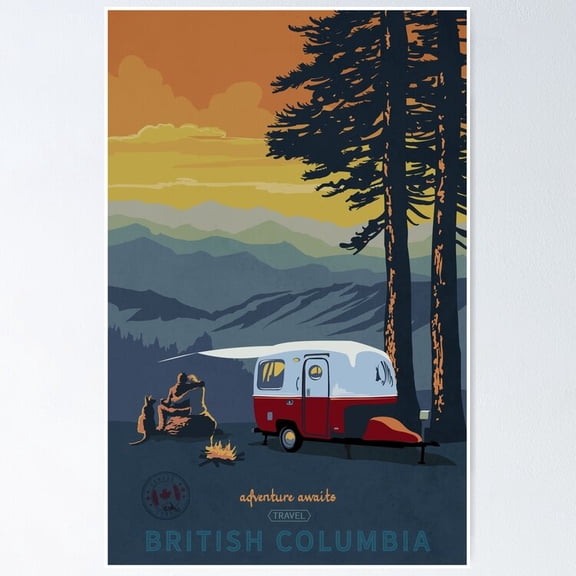 Poster Retro Travel Bc Camping Sunset Scene - No Framed, Vintage Wall Art, Trendy Retro Print, Positive Quote Poster, Room Decor, Wall Art, 24x36