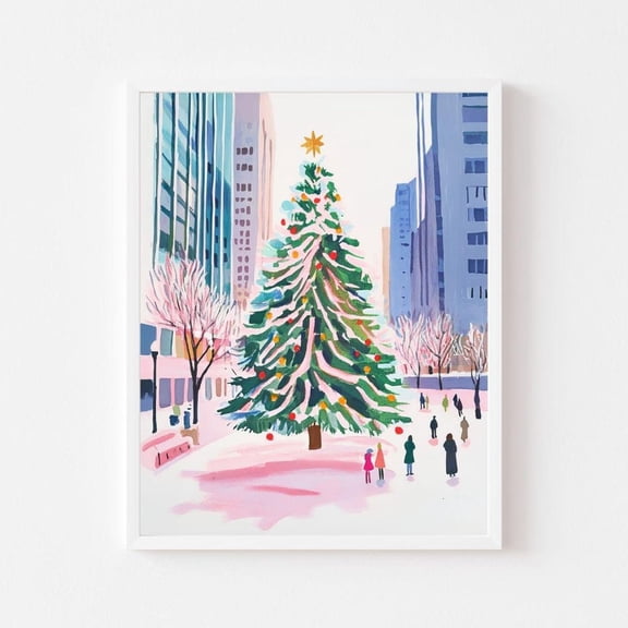 Kna Prints - Rockefeller Tree Painting Holiday In The City Wall Art Print Colorful Nyc Watercolor Pink Winter For Home Decor, Living Room, Bedroom, Office, UNFRAMED-24x36