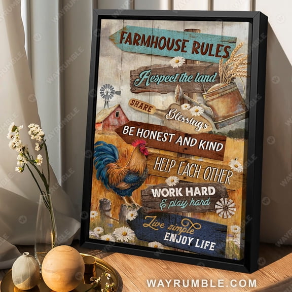 Poster Rooster, Daisy flower, Rice field, Farmhouse rules - Jesus Poster Prints, Christian Wall Art WINXIE DECOR - 8X12, UNFRAMED
