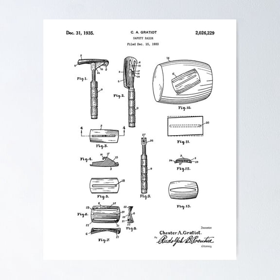 Poster Safety Razor 1935 Patent Art White Background - Unframed Poster | Best Surprise Gift!, 24x36