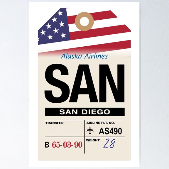 Poster San Diego (San) California Airline Luggage Tag - No Framed, Vintage Wall Art, Trendy Retro Print, Positive Quote Poster, Room Decor, Wall Art, 24x36