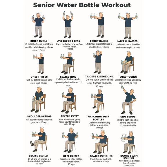 Poster Senior Exercise Chart, Senior Water Bottle Exercise Posters, Low Impact Chairs And Standing Exercises, Senior Fitness Routine Posters