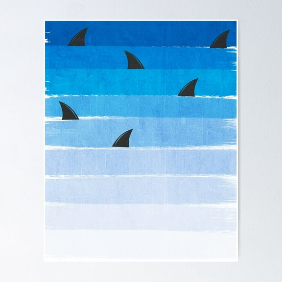 Poster Sharks - Shark Week Trendy Black And White Minimal Kids Pattern Ombre Blue Ocean Surfing - No Framed, Room Decor, 12x18