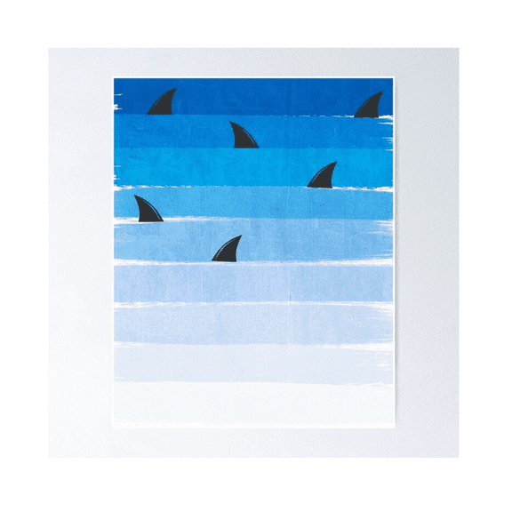 Poster Sharks Shark Week Trendy Black And White Minimal Kids Pattern Ombre Blue Ocean Surfing Room Decor