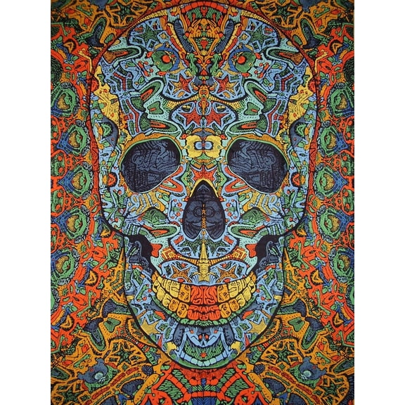 Poster Size 3-D Psychedelic Skull Cotton Wall Hanging 45" x 30" Multi Color with FREE 3-D Glasses