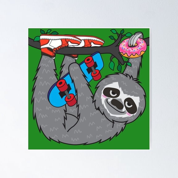 Poster Skater Sloth Loves Donut - No Framed, Vintage Wall Art, Trendy Retro Print, Positive Quote Poster, Room Decor, Wall Art, 12x18