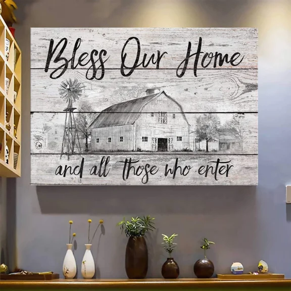 Poster Sketch Farm - Bless Our Home - Jesus Landscape, Print - W... Wall Art, Unframed Prints For Home Or Office, Perfect Gift For Everyone, 24x36
