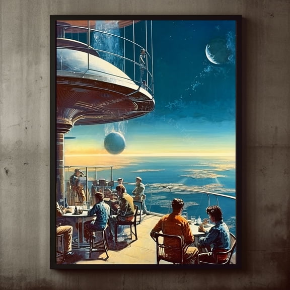 Poster Space Terrace Expansive View Art, Sci-fi, Large Poster, Retro Futurism Art, Vintage, Retro Aesthetic, Sunset, Surreal, Wall Art Decor , Poster Print Only