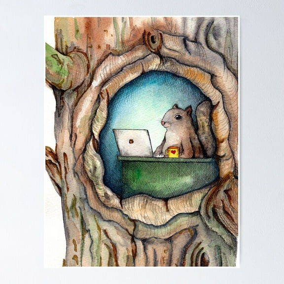 Poster "Spreadsheet Squirrel" - Watercolor Squirrel In Tree, Woodland Creatures, Squirrel Painting, Hipster Squirrel - No Framed, Room Decor, 8x12