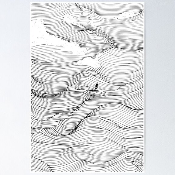 Poster Surf Waves Line Art - No Framed, Vintage Wall Art, Trendy Retro Print, Positive Quote Poster, Room Decor, Wall Art, 24x36