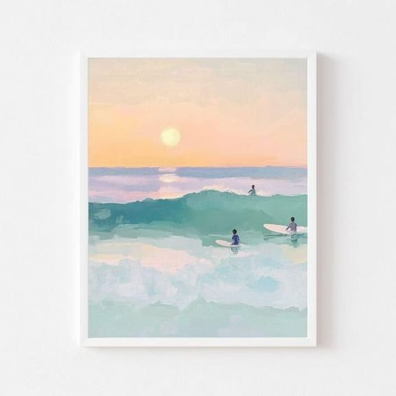 Kna Prints - Surfer Kids At Sunset Wall Art Print Coastal Teen Ocean Painting Summer Beach House Pastel Tween Boy'S Room, UNFRAMED-12x18