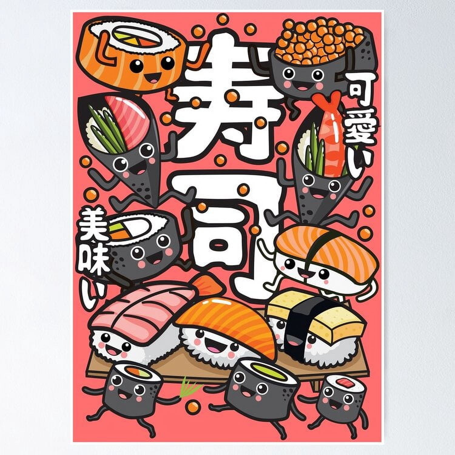 Poster Sushi Kawaii - No Framed, Vintage Wall Art, Trendy Retro Print ...